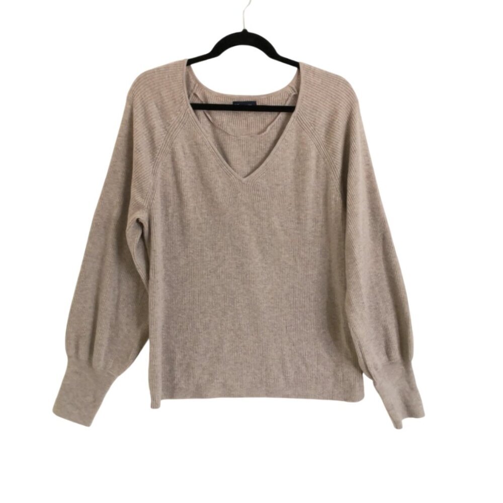 Like New Gap Wool‎ Blend V Neck Balloon Sleeve Sweater Neutral Tweed Size XXL